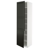 Modern tall black cabinet, sleek, with multiple shelves, white frame, shaker-style doors.