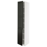 Black and white tall cabinet, sleek design. Two dark doors over adjustable shelves. Modern kitchen storage.