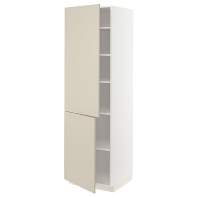 A white METOD kitchen cabinet with beige doors and shelves. The cabinet has a modern, smooth design with adjustable inner shelves.