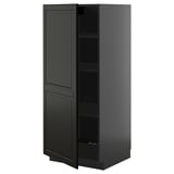 Black, modern, slim kitchen cabinet with open door exposing shelves.