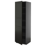 Tall black kitchen cabinet with three shelves, sleek design, modern beveled edges.