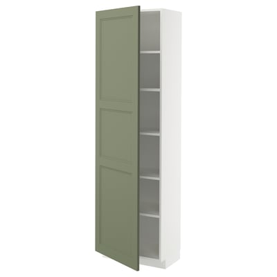 Green-white cabinet, tall, modern design, adjustable shelf.