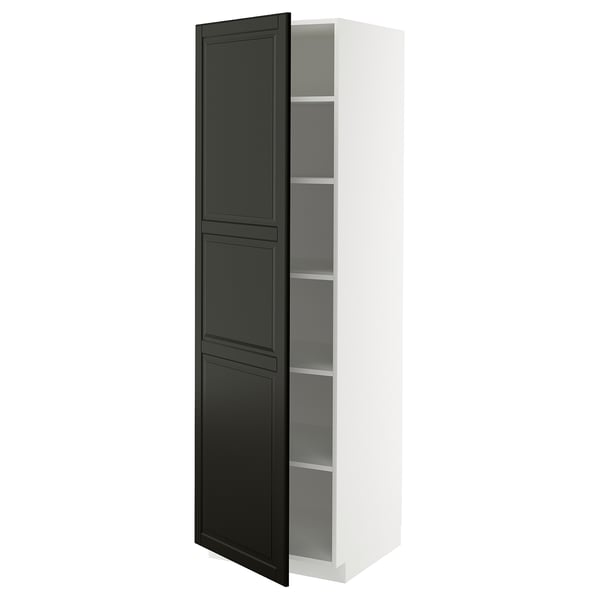 Modern tall white cabinet with black doors, featuring beveled edges and adjustable shelves.