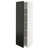 Modern tall white cabinet with black doors, featuring beveled edges and adjustable shelves.