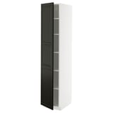 White METOD tall cabinet with black door, beveled edges, adjustable shelves.