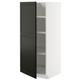 Modern white cabinet with black doors, adjustable shelves, sleek design.
