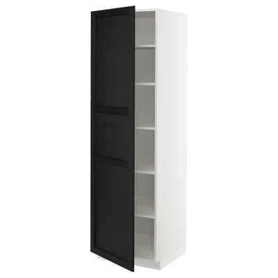 A white METOD kitchen cabinet with a tall black stained wooden door featuring beveled edges and adjustable shelves.