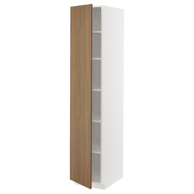 METOD kitchen cabinet, white with walnut door, adjustable shelves, square shape.