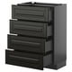 Modern black kitchen drawers with beveled edges, sleek design, glossy finish.