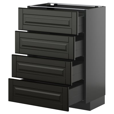 Modern black kitchen drawers with beveled edges, sleek design, glossy finish.