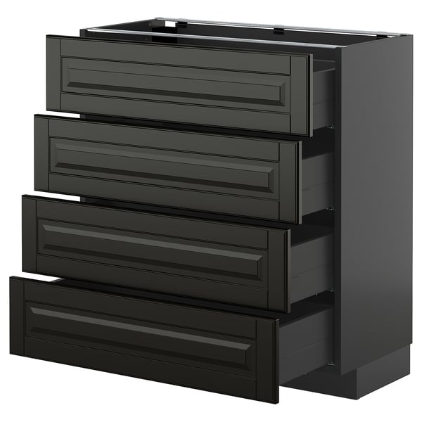 This image shows the METOD kitchen storage unit with four black bodbyn drawers featuring beveled edges for a sleek, modern design.