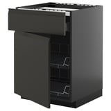 Modern black kitchen unit with smooth drawers and shelves.