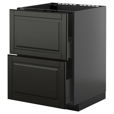Black modern kitchen cabinet with two large drawers and bold design.