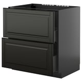 Black METOD kitchen unit, sleek design with two beveled drawers, durable particleboard & steel, modern look.
