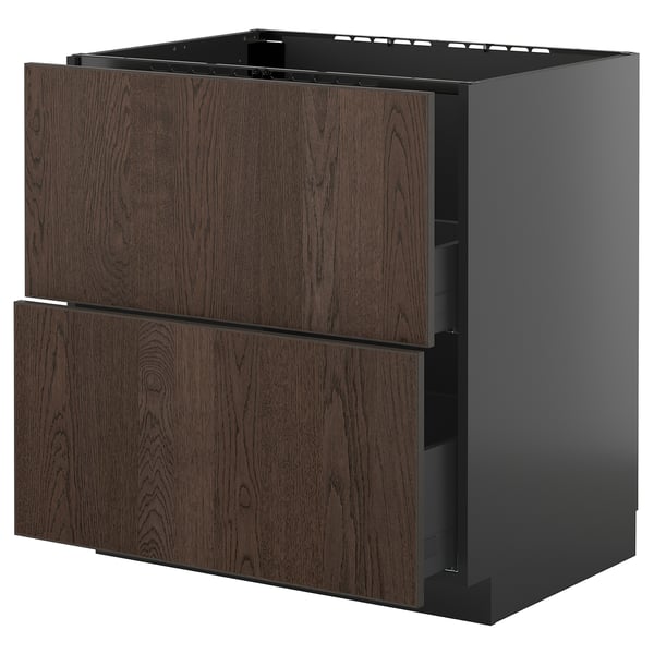 Modern kitchen cabinet in dark brown with two drawers and wooden edging.