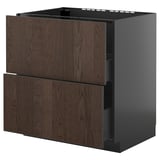 Modern kitchen cabinet in dark brown with two drawers and wooden edging.