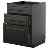 Black kitchen unit with three drawers, sleek bevelled edges.