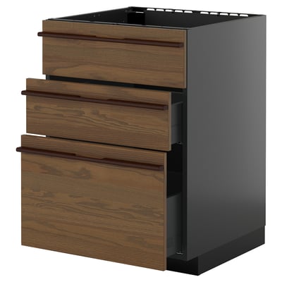 Dark brown ash veneer METOD kitchen drawers with beech handles.