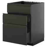 Modern black kitchen cabinet with three drawer fronts, sleek and glossy finish.