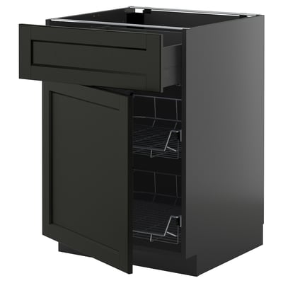 Black METOD kitchen unit with bevelled drawers and shelves, dark wood finish.