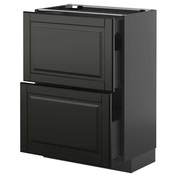 An ikea METOD kitchen unit in black with bevelled edges. It multiple drawers and cupboards for storage.