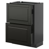 An ikea METOD kitchen unit in black with bevelled edges. It multiple drawers and cupboards for storage.