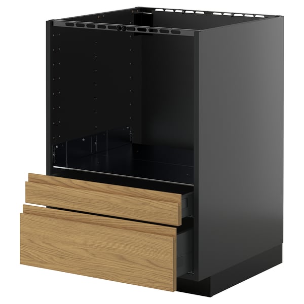 METOD kitchen cabinet in black with wooden drawers. Rectangular shape, open top.