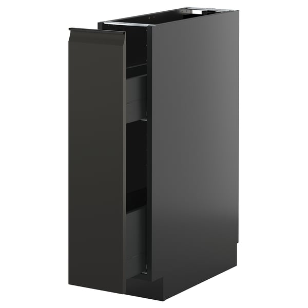 Black modern kitchen cabinet with open drawer, sleek matte finish.