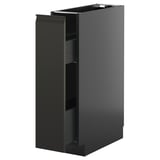 Black modern kitchen cabinet with open drawer, sleek matte finish.