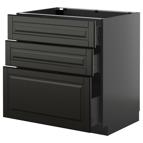A sleek black METOD kitchen unit with bevelled drawer fronts, three drawers and one cabinet, featuring a glossy finish.