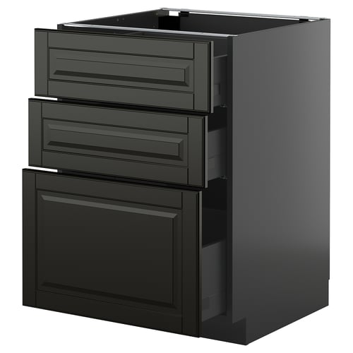 Dark grey modern kitchen cabinet with three drawers and one large door. Sleek, minimalist design with beveled edges.