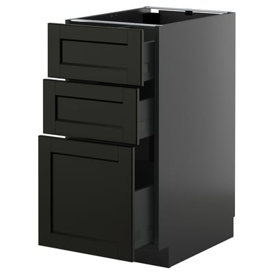 METOD black stained ash kitchen cabinet with beveled edges and three drawers.