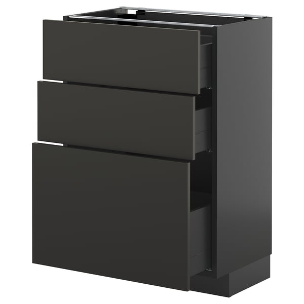 Black METOD kitchen cabinet with three drawers, sleek modern design, particleboard & plastic, horizontal lines.