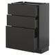 Black METOD kitchen cabinet with three drawers, sleek modern design, particleboard & plastic, horizontal lines.
