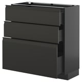 Modern black ikea METOD kitchen cabinet with three integrated handle drawers.