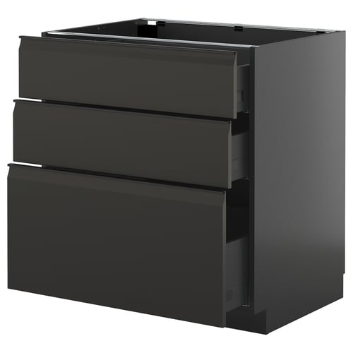 Modern black kitchen cabinet with three drawers, sleek design.