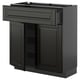 Black METOD kitchen cabinet with beveled bodbyn fronts, featuring doors and drawers. Modern, sleek design with soft-close drawers.