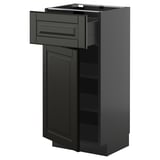 METOD kitchen unit in black with drawer and shelves open. Modern design, glossy finish.