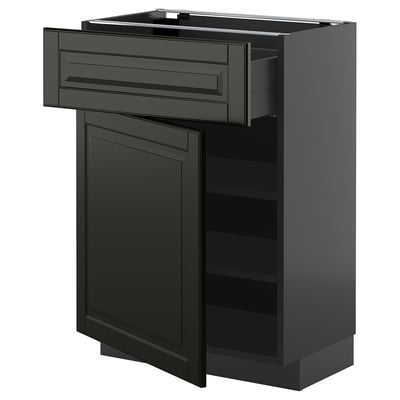 METOD kitchen unit: black, modern, foil-covered particleboard, boxy, sleek design with open section, pull-out drawer.