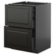Modern black kitchen cabinet with two drawers and beveled edges.