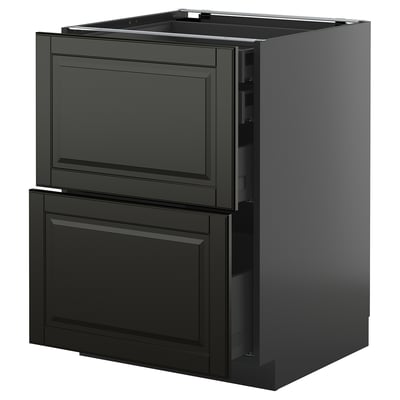 Modern black kitchen cabinet with two drawers and beveled edges.