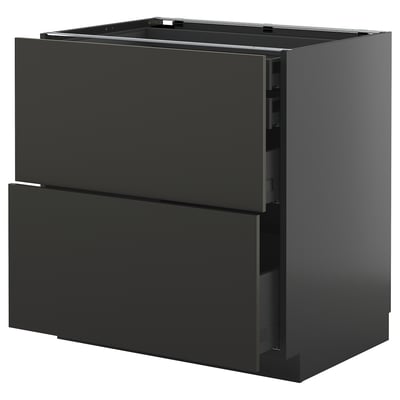 Modern black kitchen cabinet with two drawers, sleek design, sturdy construction.