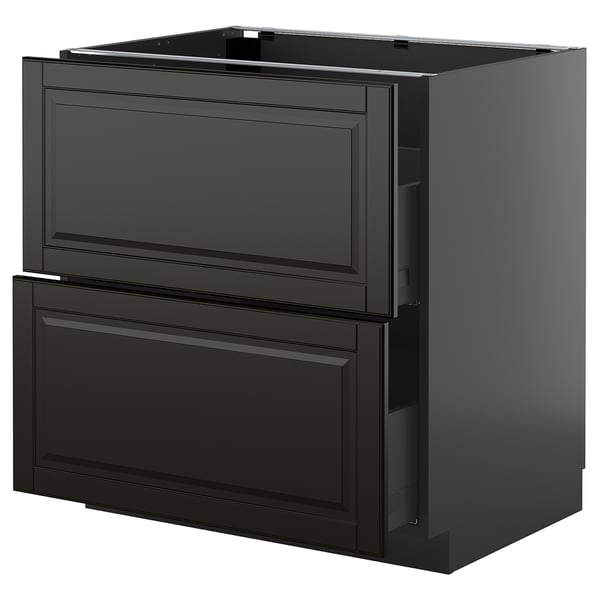 Black METOD kitchen cabinet with glossy finish and beveled edges.