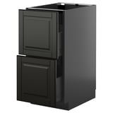 A black METOD kitchen cabinet with two drawers and a door, featuring sleek beveled edges and a modern design.