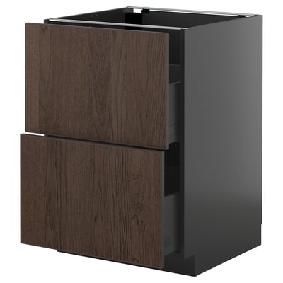 A dark brown wooden METOD kitchen cabinet with two drawers and a sleek grey base. The front solid wood edging.