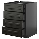 Modern black kitchen cabinet with five open drawers, sleek design, metallic finish.