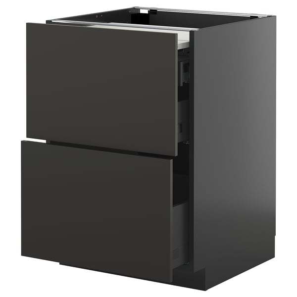 A dark grey, modern kitchen cabinet with two drawers and a drawer front open, revealing a pull-out work surface.