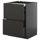 A dark grey, modern kitchen cabinet with two drawers and a drawer front open, revealing a pull-out work surface.