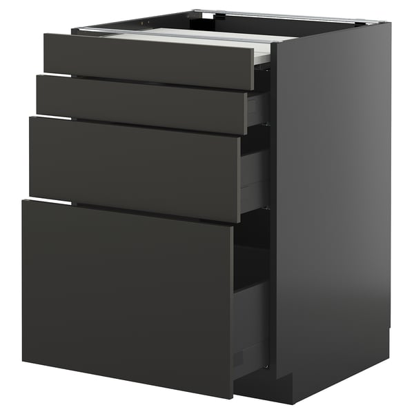 Modern black METOD kitchen unit with four smooth, pull-out drawers.