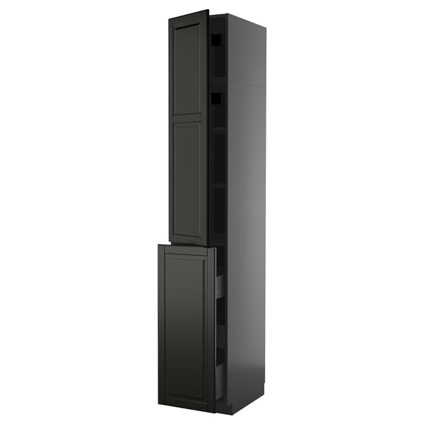 Modern black METOD cabinet with beveled edges, tall, rectangular, and sleek design, featuring various shelves and drawers for storage.